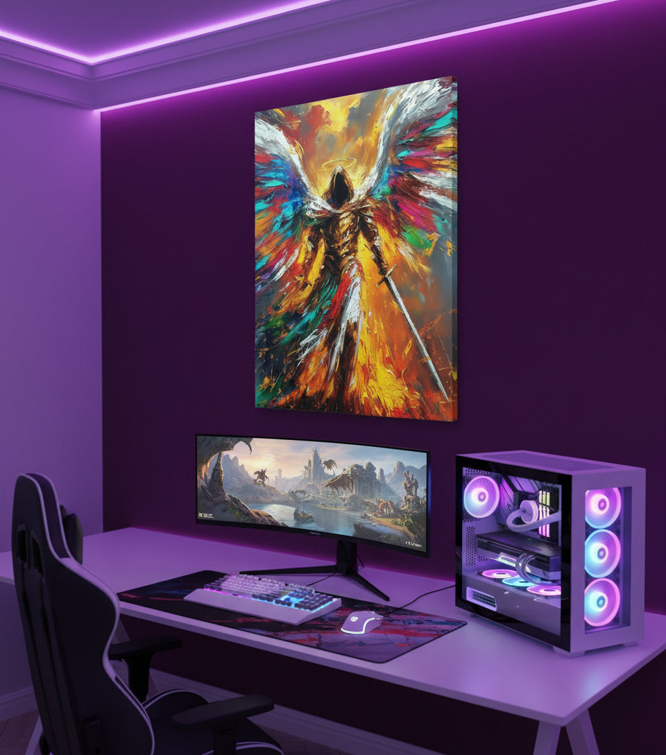 Radiant Archangel of Fire and Light – Warrior Angel Sword Canvas Art