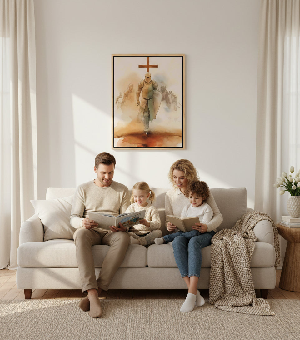 Christian Warrior Cross Canvas – Faith Army Wall Art, Spiritual Armor Illustration, Christian Home Décor