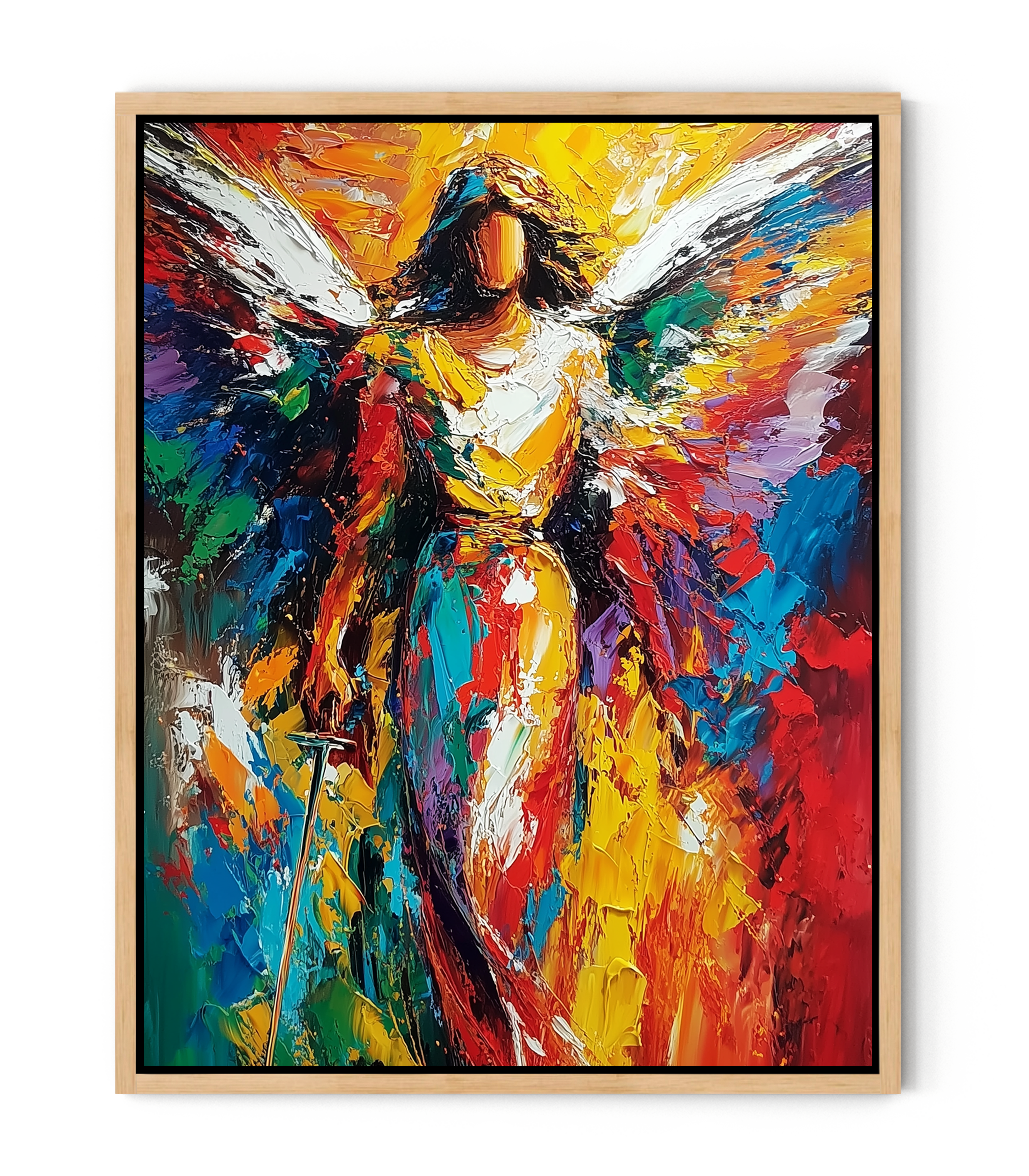 Radiant Angel Warrior Art – Guardian Angel with Sword Abstract Painting | Christian Wall Decor