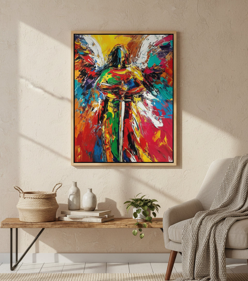 Guardian Angel of Light – Colorful Christian Angel Sword Canvas Wall Art