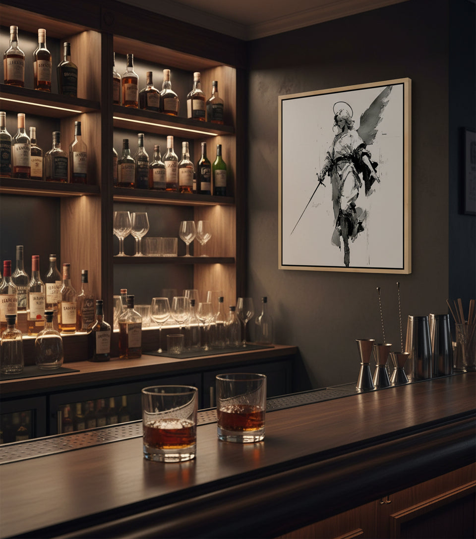 Warrior Angel with Sword – Minimalist Black & White Christian Wall Art, Guardian Angel Canvas