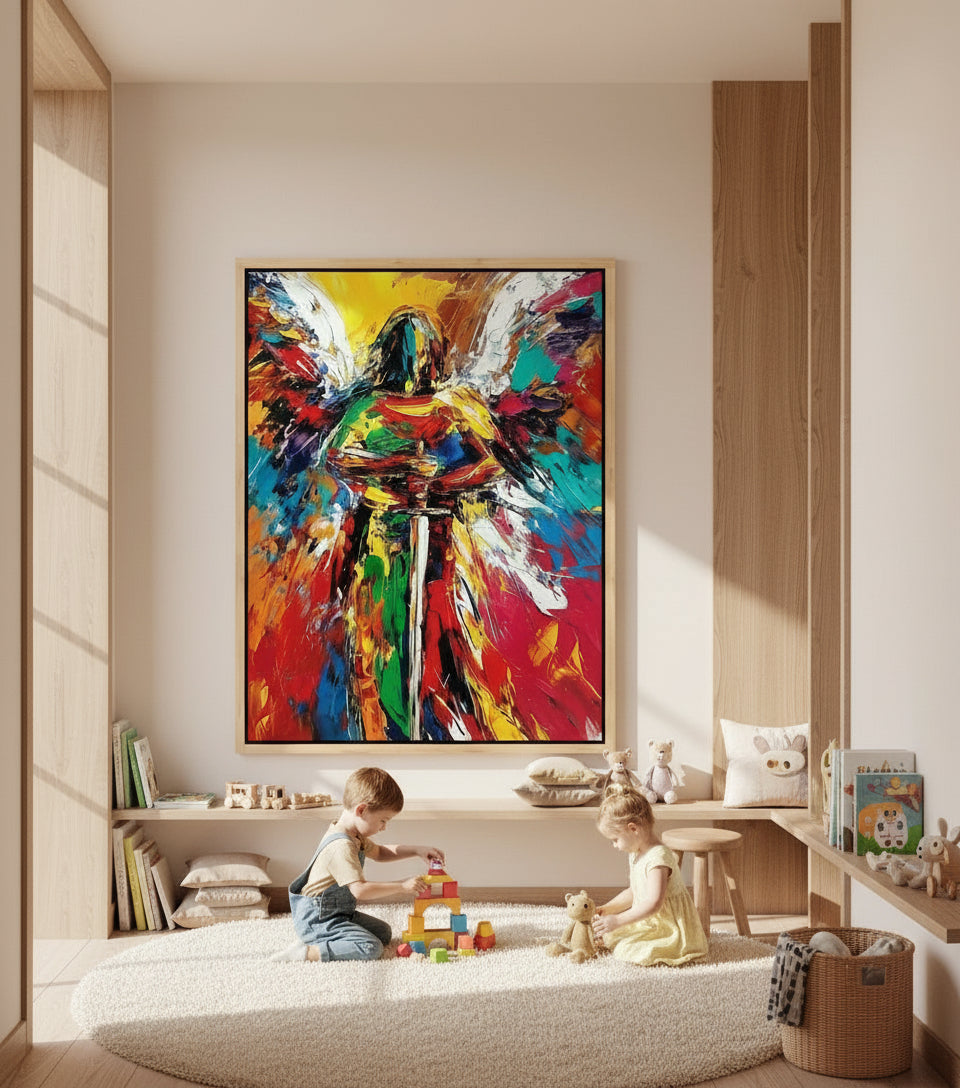 Guardian Angel of Light – Colorful Christian Angel Sword Canvas Wall Art