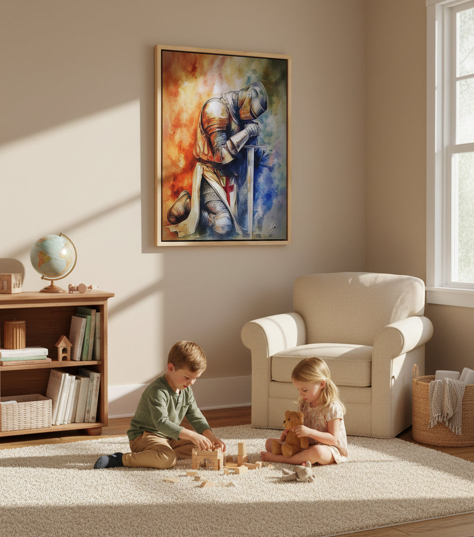 Kneeling Christian Warrior Canvas – Prayer Knight Wall Art, Armor of God Painting, Spiritual Strength Artwork