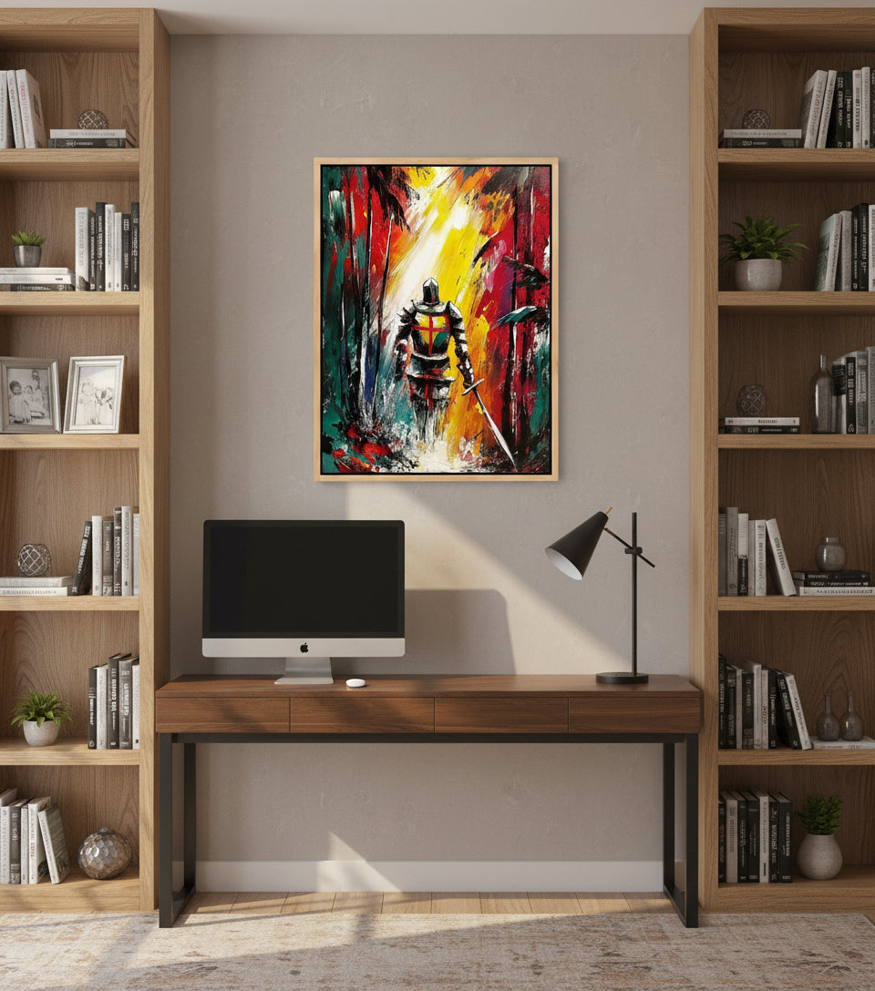 Christian Warrior in the Forest Canvas – Spiritual Battle Wall Art, Armor of God Painting, Light vs Darkness Artwork