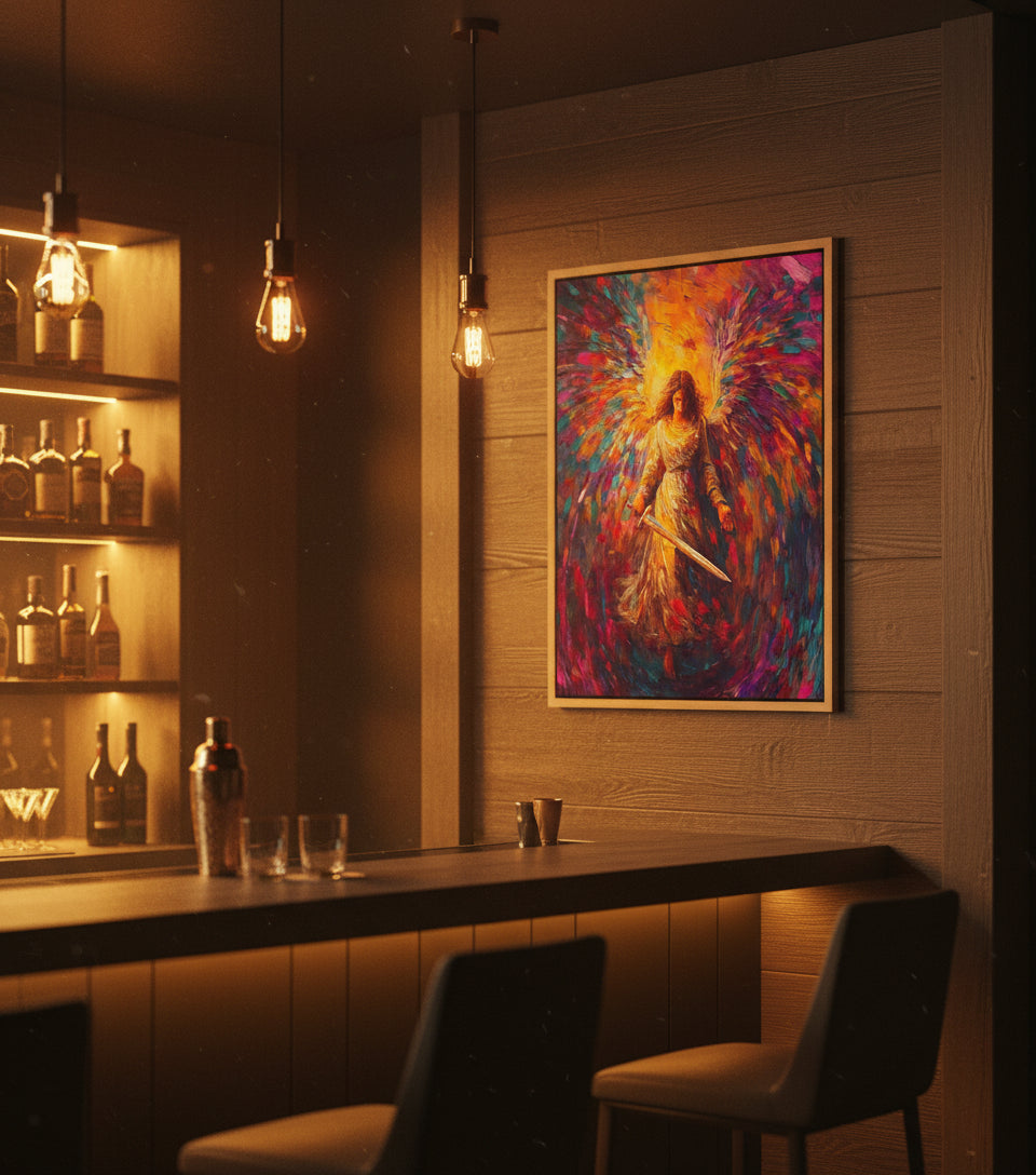 Radiant Angel with Sword – Vibrant Seraph Guardian Christian Wall Art