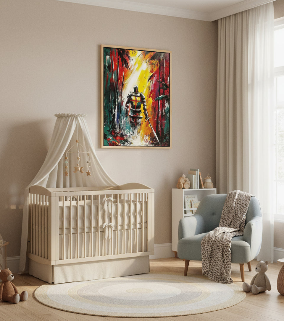 Christian Warrior in the Forest Canvas – Spiritual Battle Wall Art, Armor of God Painting, Light vs Darkness Artwork