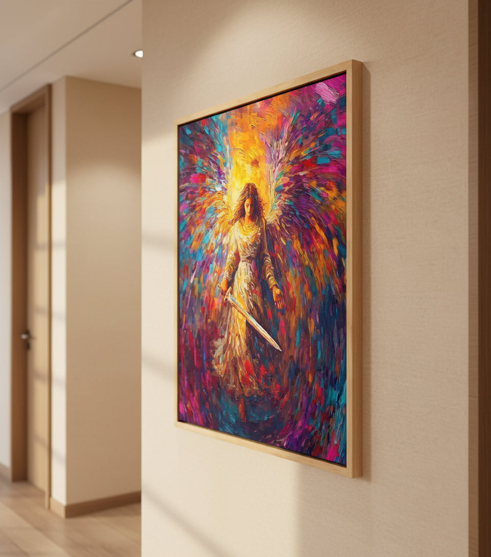 Radiant Angel with Sword – Vibrant Seraph Guardian Christian Wall Art