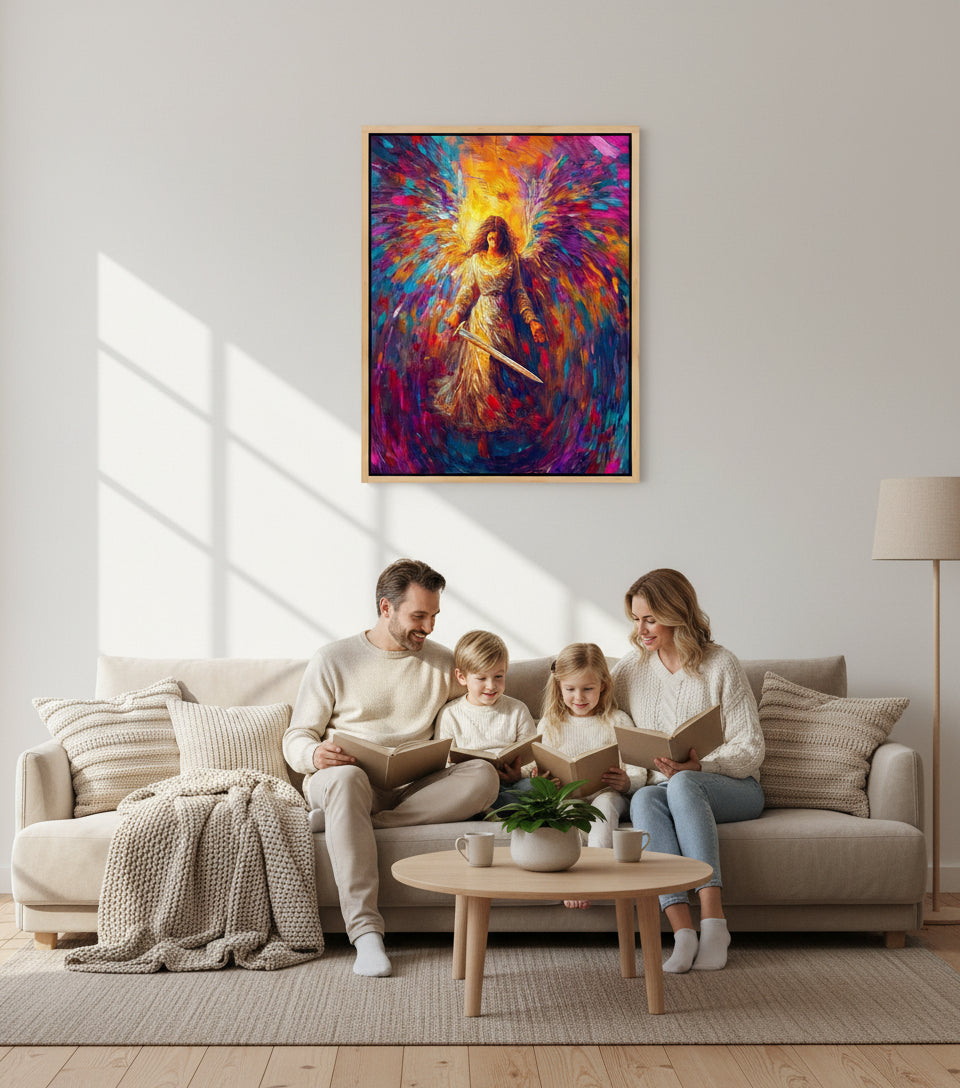 Radiant Angel with Sword – Vibrant Seraph Guardian Christian Wall Art