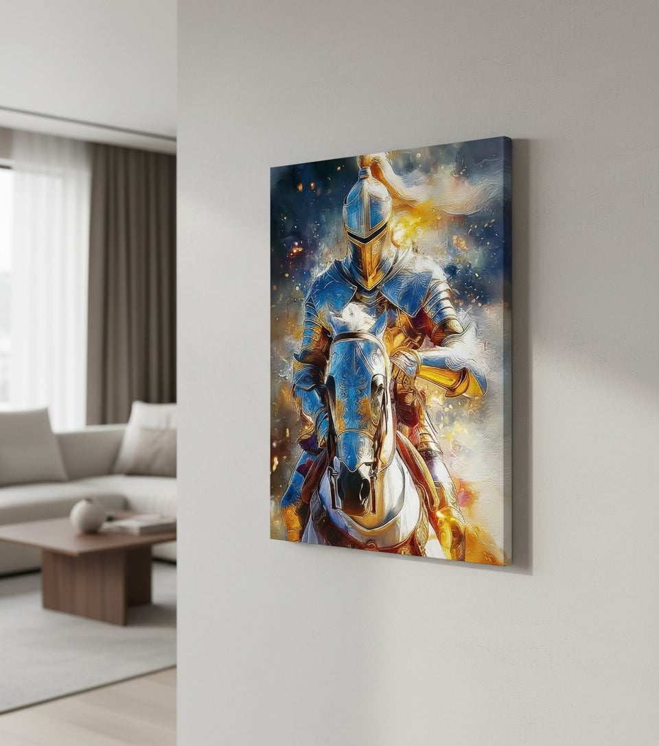 Heavenly Warrior on White Horse faithfulprints Canvas – Christian Knight Wall Art, Spiritual Battle Painting, Faith Armor Artwork