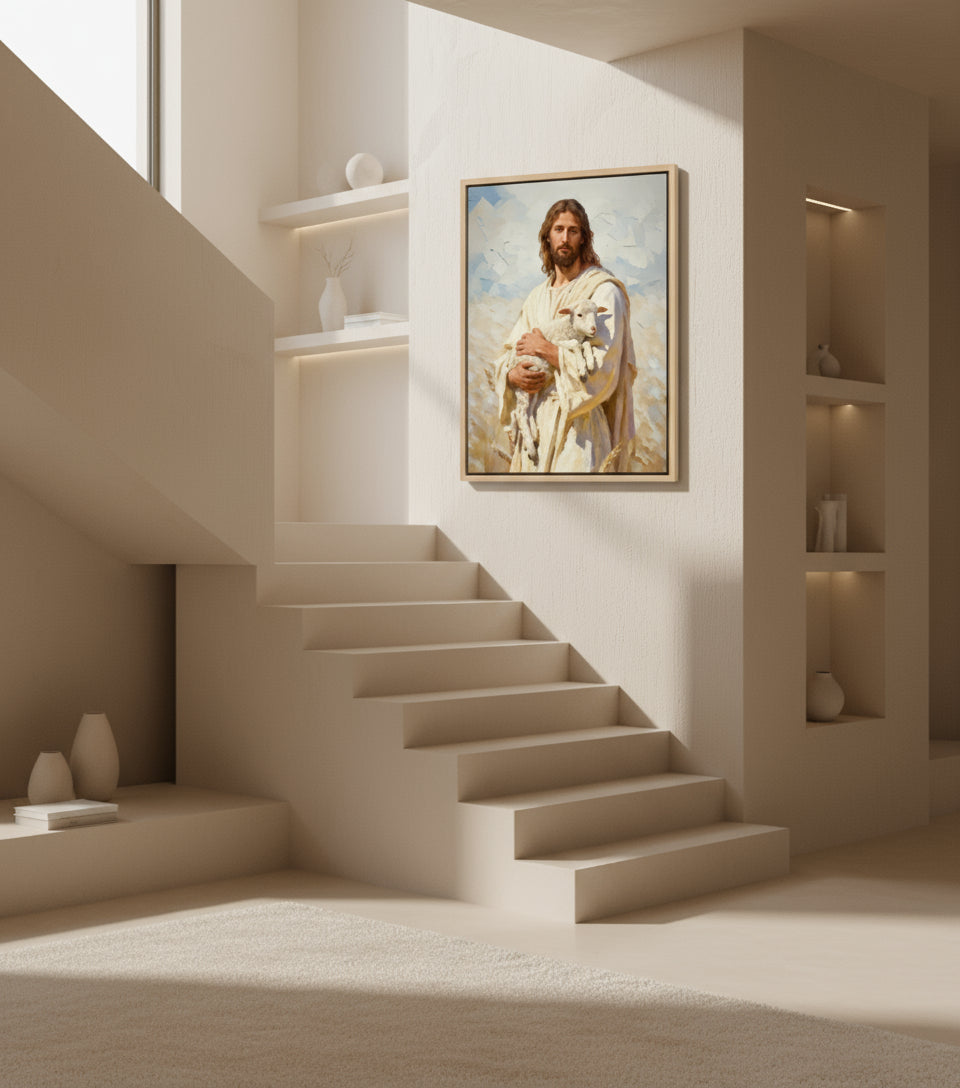 Jesus holding the lamb in the wheat field｜Faith Canvas