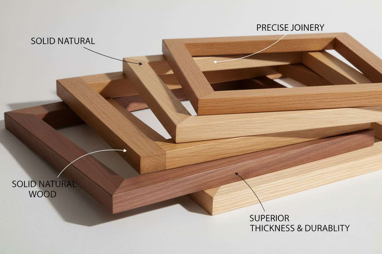 A high-resolution product detail image showing multiple wooden canvas frames stacked neatly together.
The frames are made of solid natural wood with clean edges and smooth finishes, clearly showing thickness and structure.
Close-up perspective highlighting craftsmanship, durability, and quality wood material.
Soft natural lighting, neutral background, minimal and modern ecommerce style.

Subtle, clean text labels explaining the wood quality, placed with plenty of spacing.
No branding, no logos, no people, n