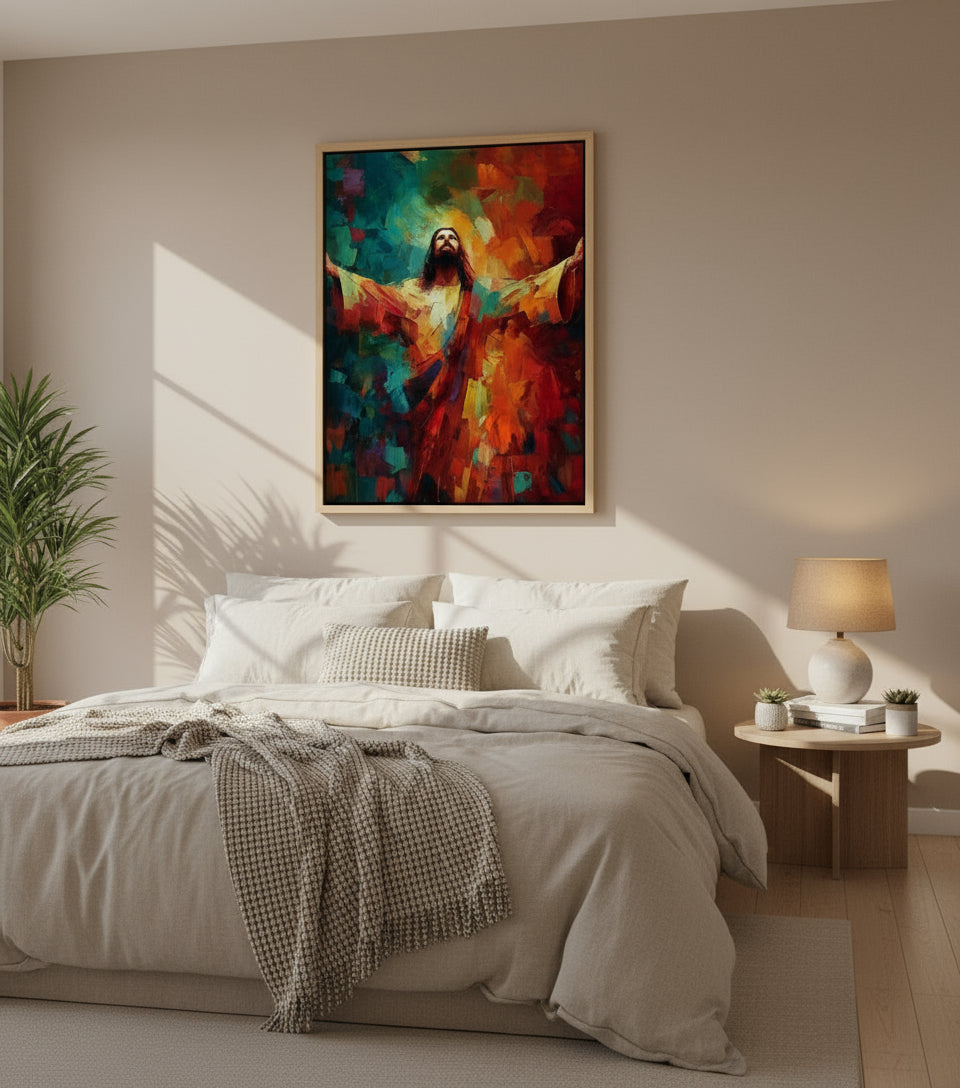 Jesus in Radiant Light – Abstract Red & Blue Oil Painting