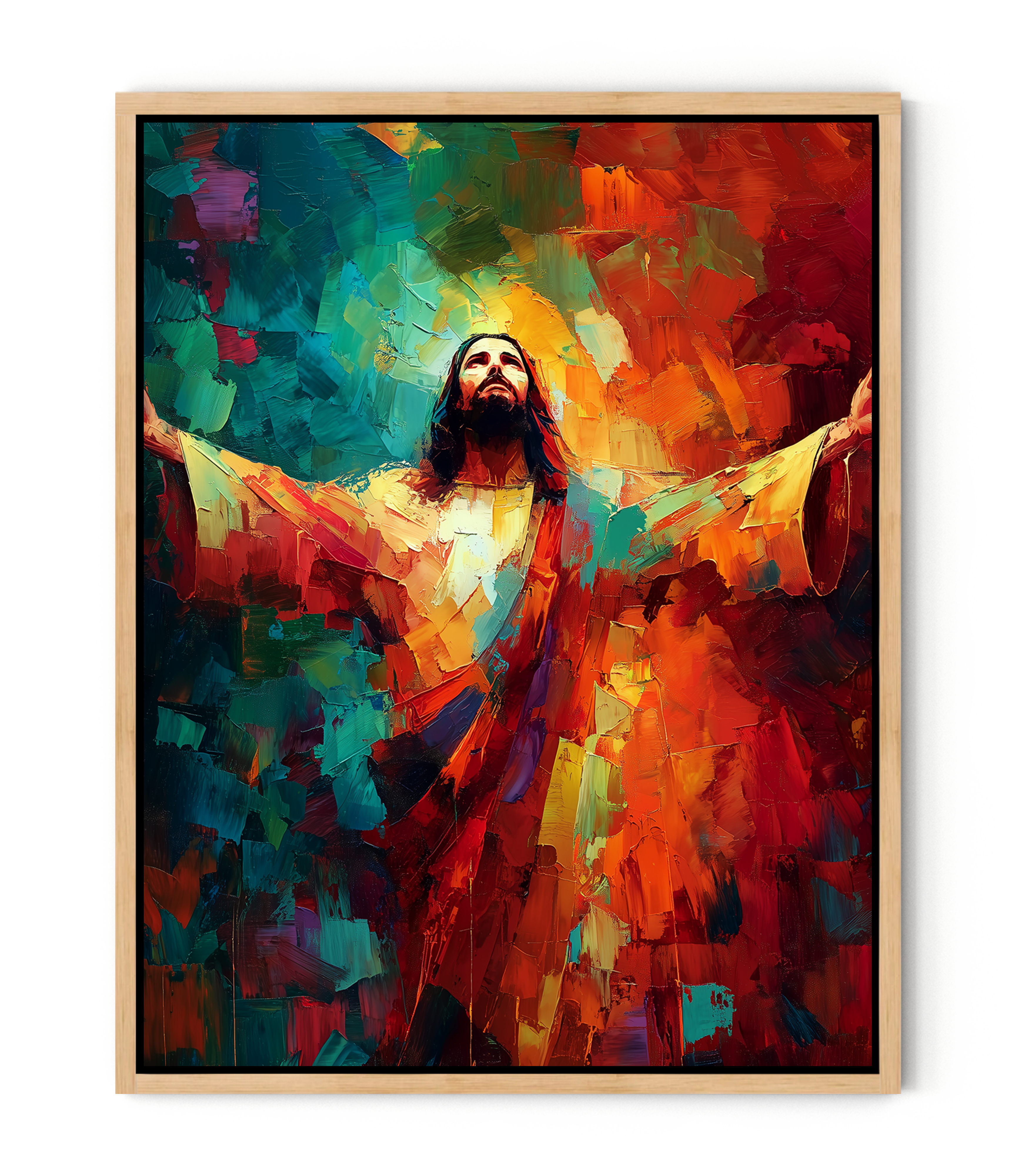 Jesus in Radiant Light – Abstract Red & Blue Oil Painting