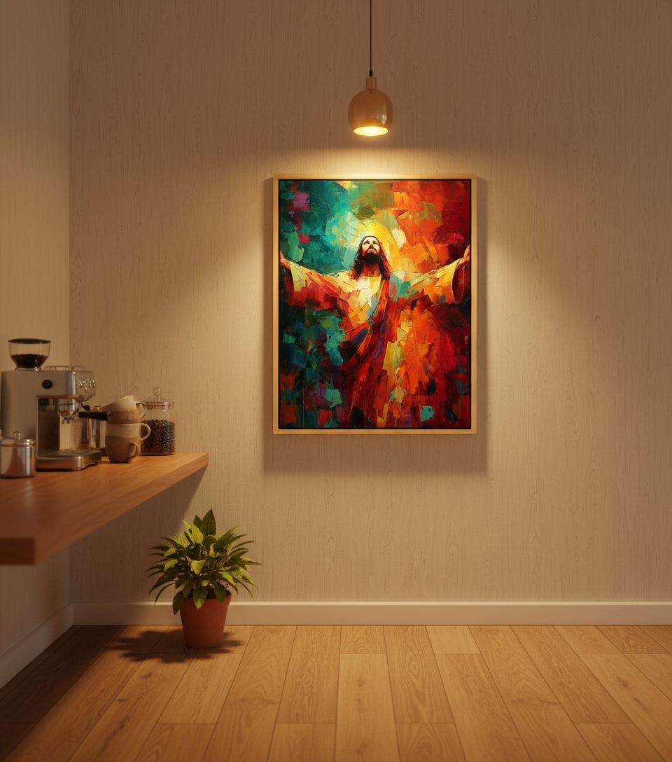 Jesus in Radiant Light – Abstract Red & Blue Oil Painting