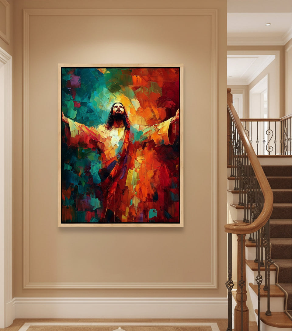 Jesus in Radiant Light – Abstract Red & Blue Oil Painting
