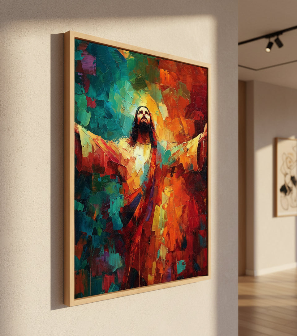 Jesus in Radiant Light – Abstract Red & Blue Oil Painting