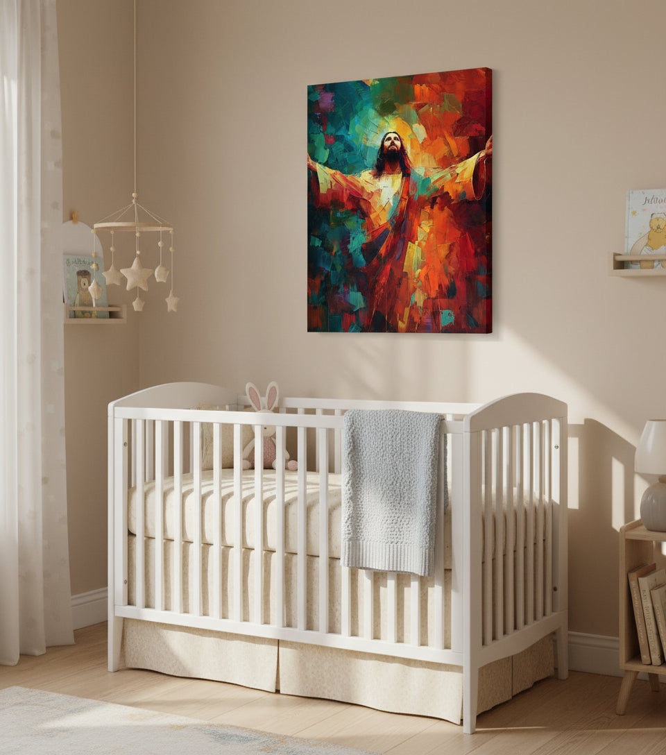 Jesus in Radiant Light – Abstract Red & Blue Oil Painting