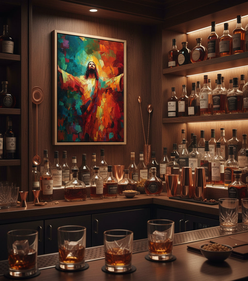 Jesus in Radiant Light – Abstract Red & Blue Oil Painting