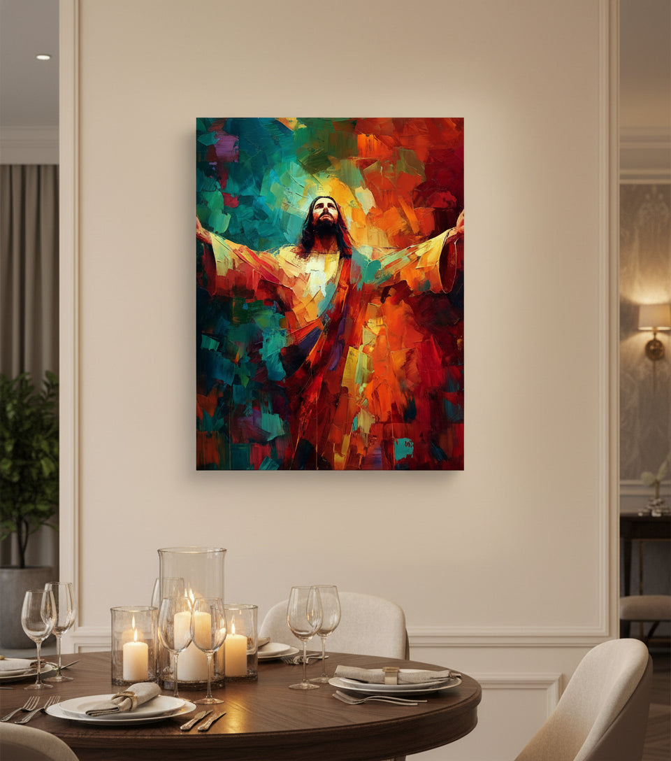 Jesus in Radiant Light – Abstract Red & Blue Oil Painting