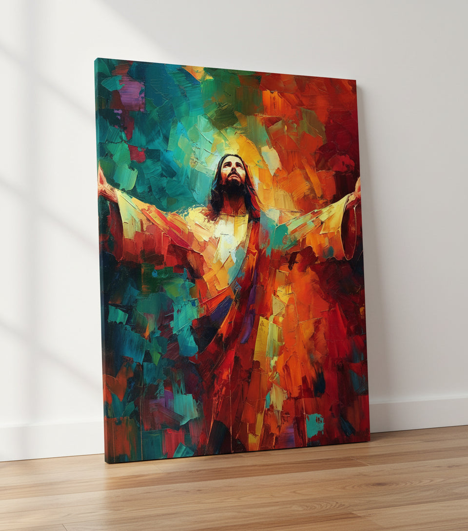 Jesus in Radiant Light – Abstract Red & Blue Oil Painting
