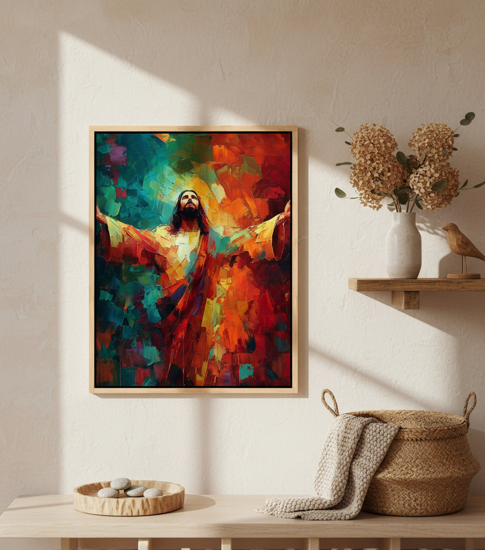 Jesus in Radiant Light – Abstract Red & Blue Oil Painting