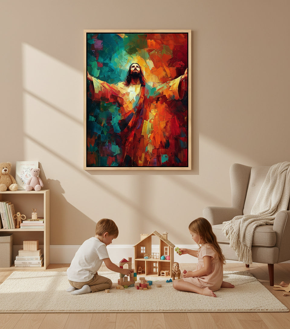 Jesus in Radiant Light – Abstract Red & Blue Oil Painting