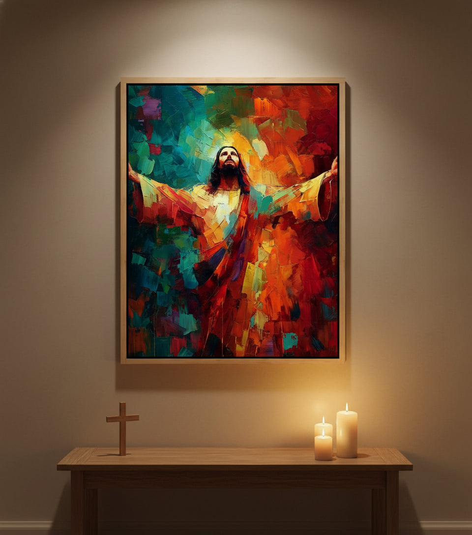 Jesus in Radiant Light – Abstract Red & Blue Oil Painting