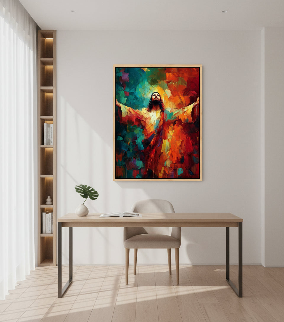 Jesus in Radiant Light – Abstract Red & Blue Oil Painting