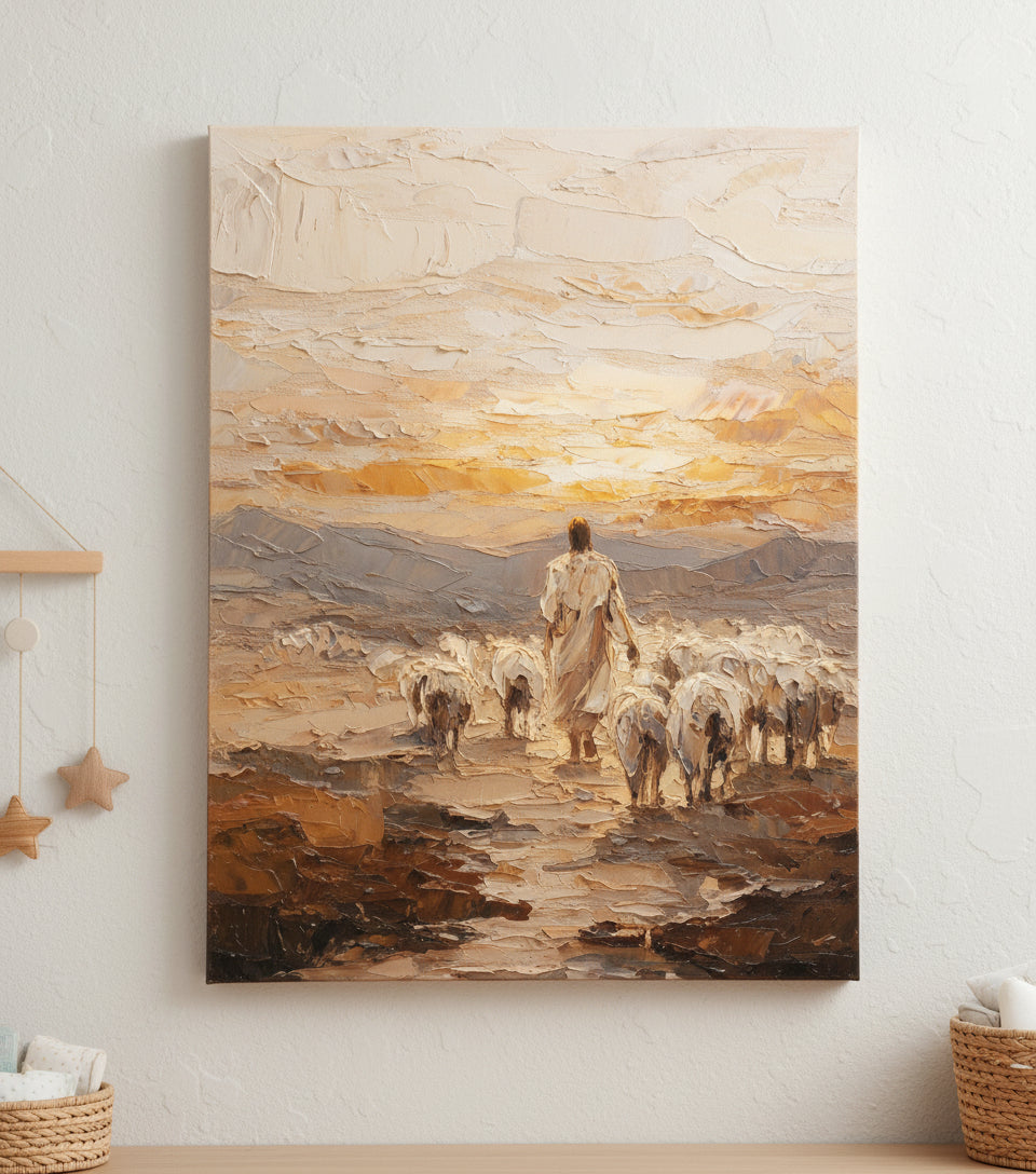 Good Shepherd Leading His Flock – Textured Oil Painting