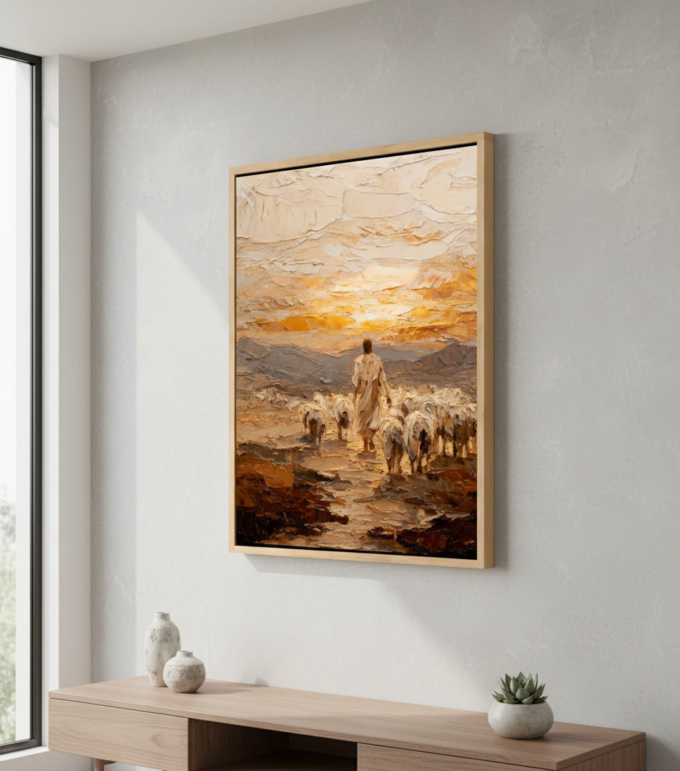 Good Shepherd Leading His Flock – Textured Oil Painting