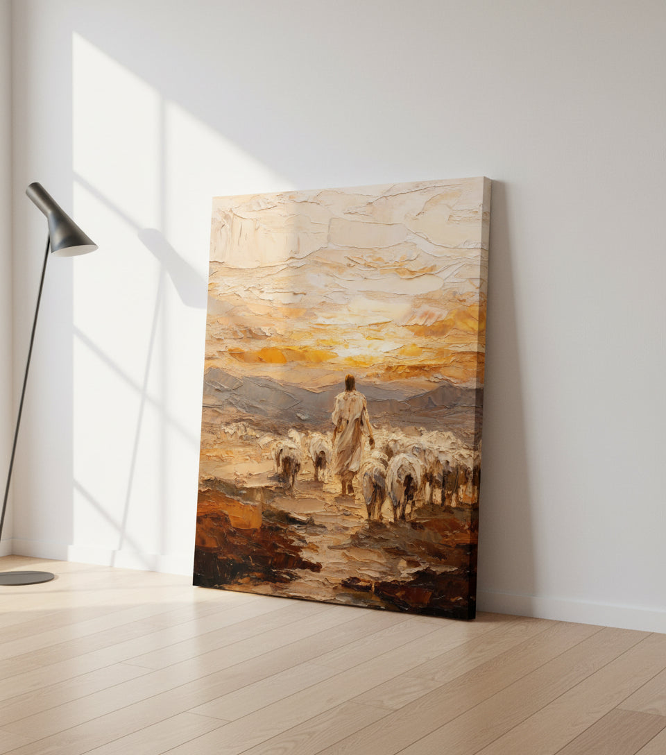 Good Shepherd Leading His Flock – Textured Oil Painting