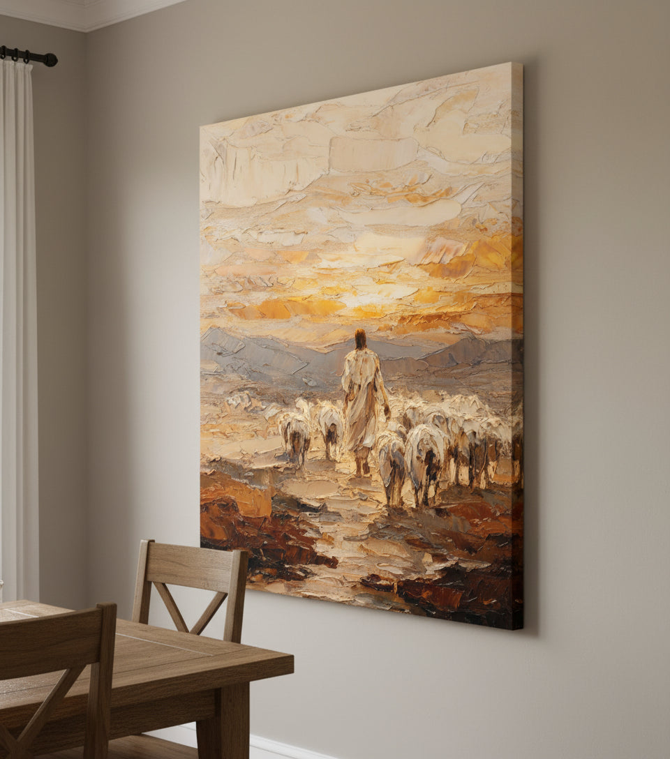 Good Shepherd Leading His Flock – Textured Oil Painting