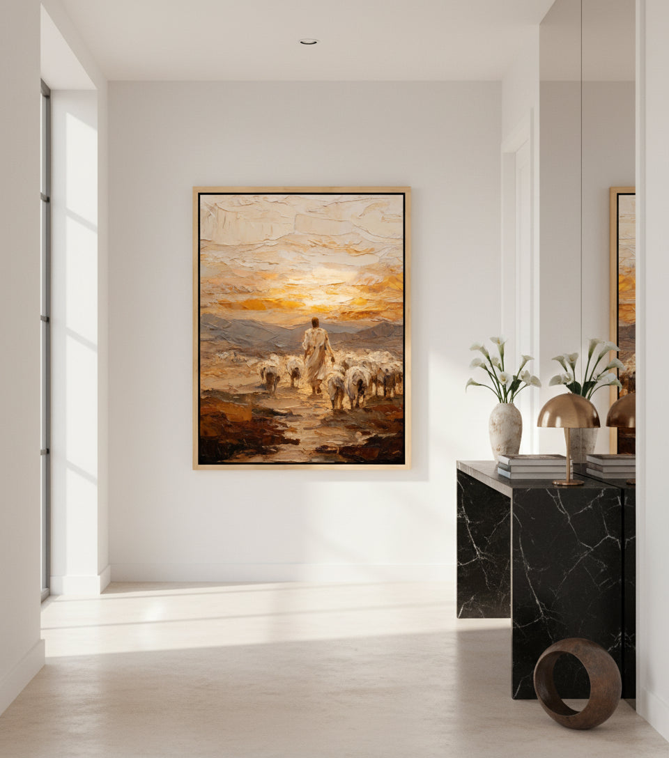 Good Shepherd Leading His Flock – Textured Oil Painting