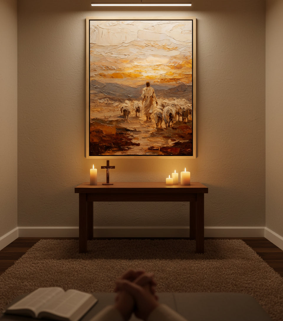 Good Shepherd Leading His Flock – Textured Oil Painting