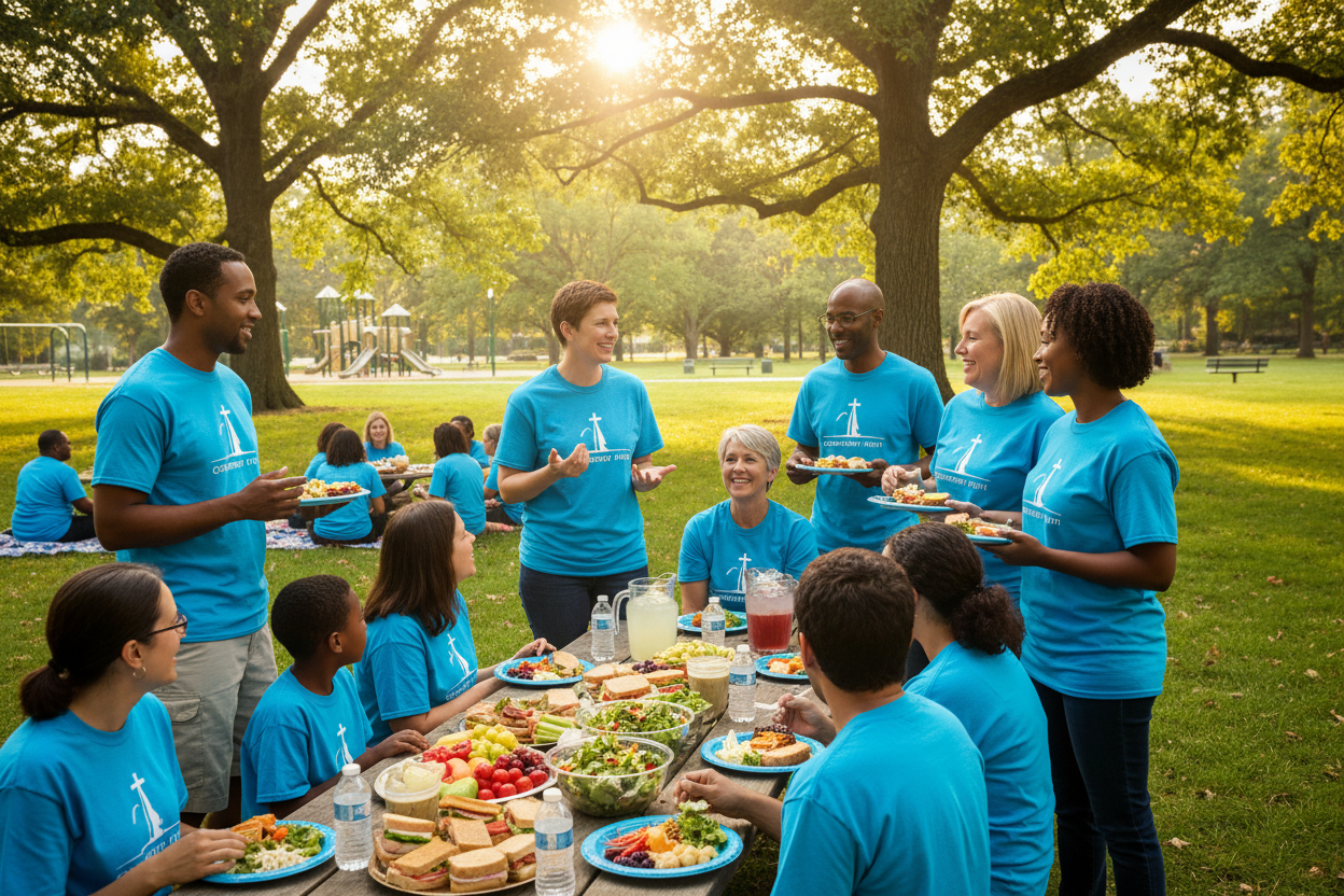 阳光强烈的公园内，几个人穿着同样款式的church tshirt 大家一起开心的聊天，旁边桌子有着各种美食。