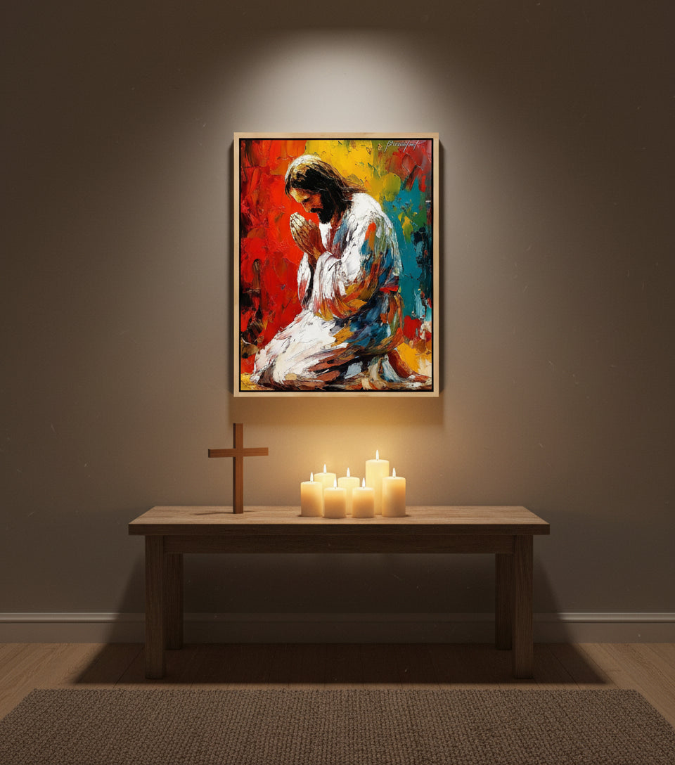 Colorful Jesus Praying – Abstract Oil Painting faithfulprints