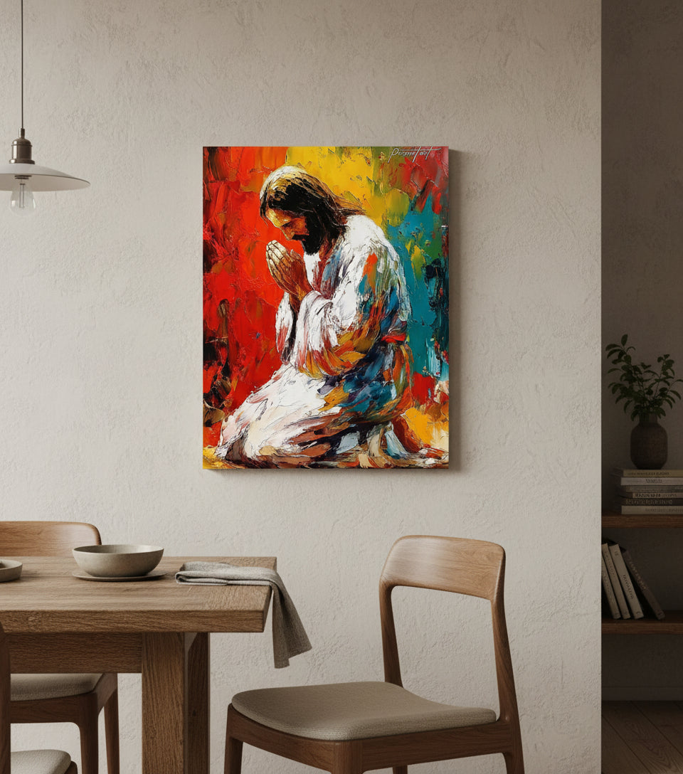 Colorful Jesus Praying – Abstract Oil Painting faithfulprints