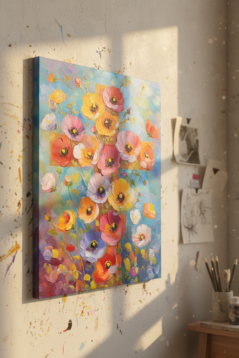 Blossoms of Faith – Colorful Floral Cross Christian Canvas Wall Art
