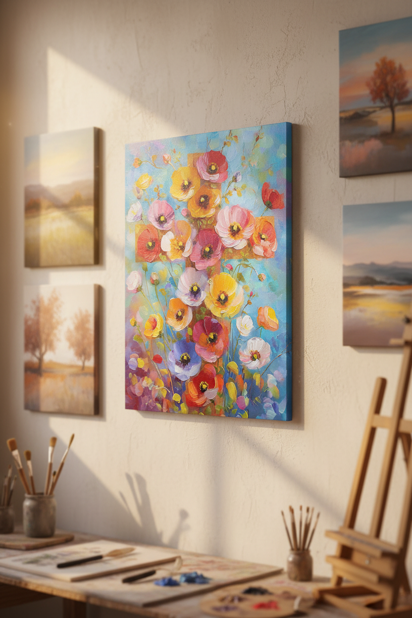 Blossoms of Faith – Colorful Floral Cross Christian Canvas Wall Art
