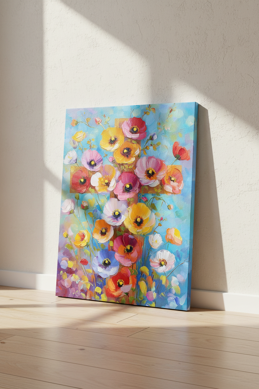 Blossoms of Faith – Colorful Floral Cross Christian Canvas Wall Art
