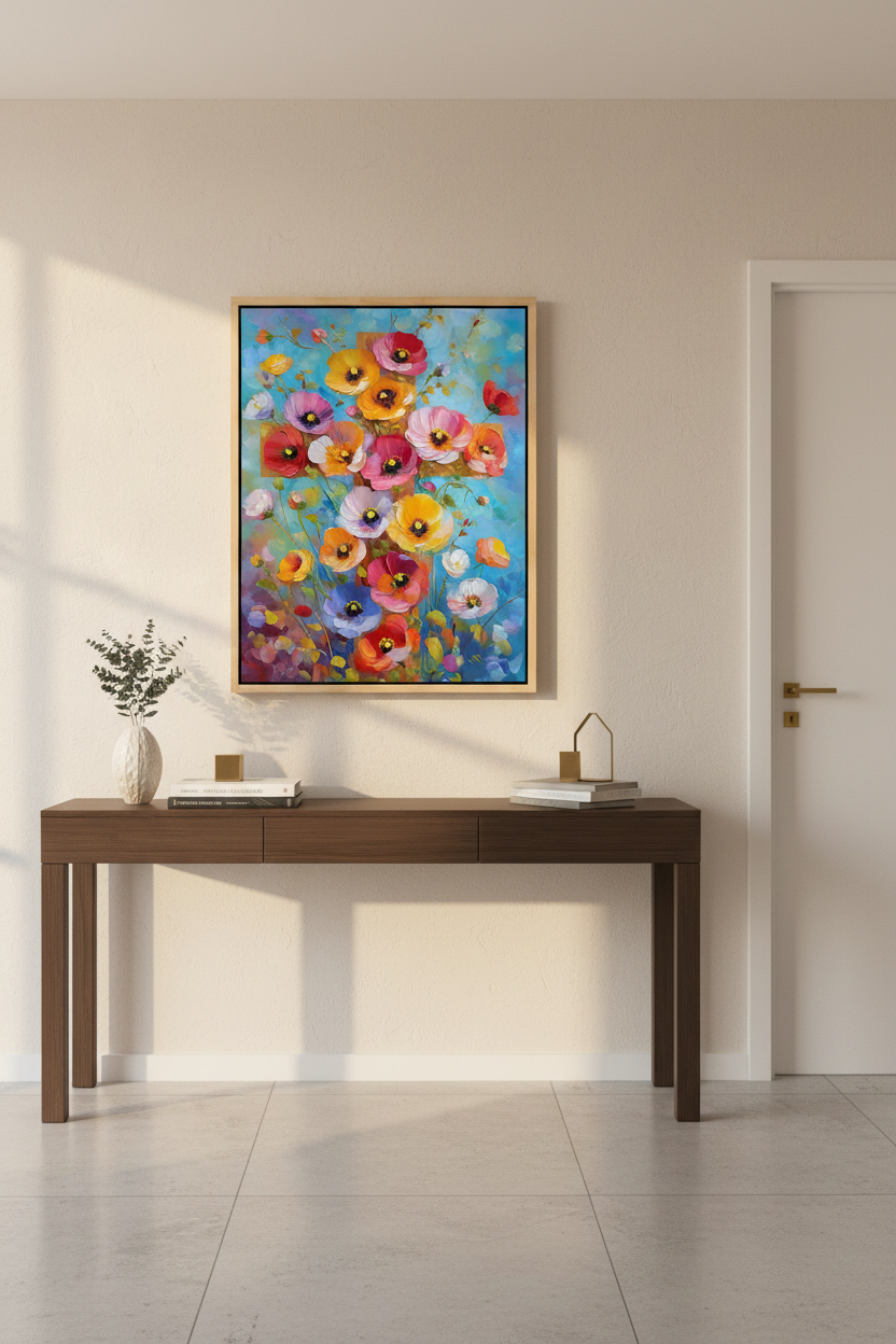 Blossoms of Faith – Colorful Floral Cross Christian Canvas Wall Art
