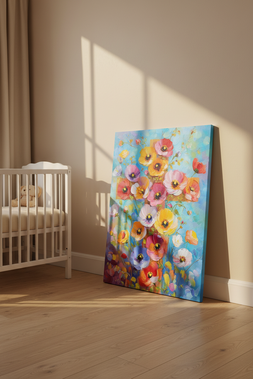 Blossoms of Faith – Colorful Floral Cross Christian Canvas Wall Art