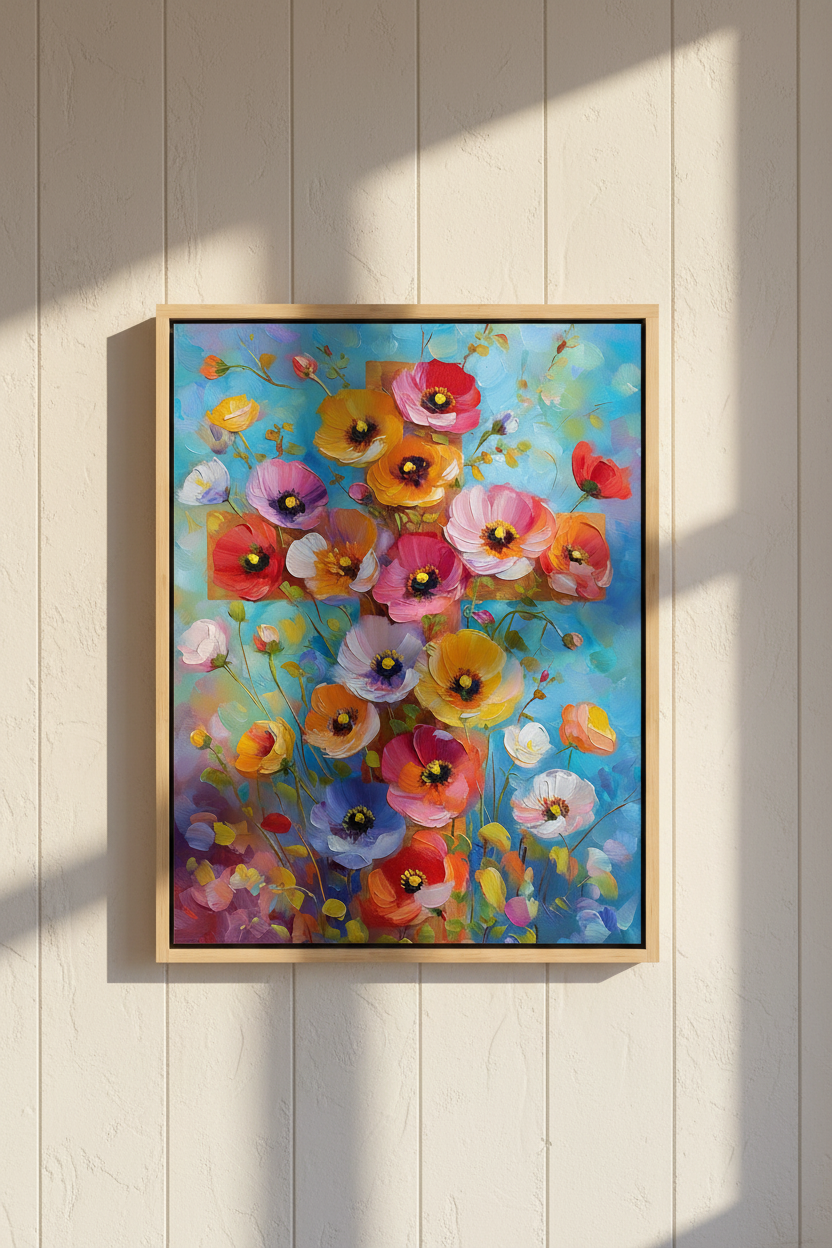 Blossoms of Faith – Colorful Floral Cross Christian Canvas Wall Art