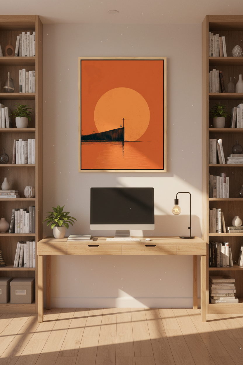 At the Edge of Faith – Minimalist Cross Sunset Christian Wall Art