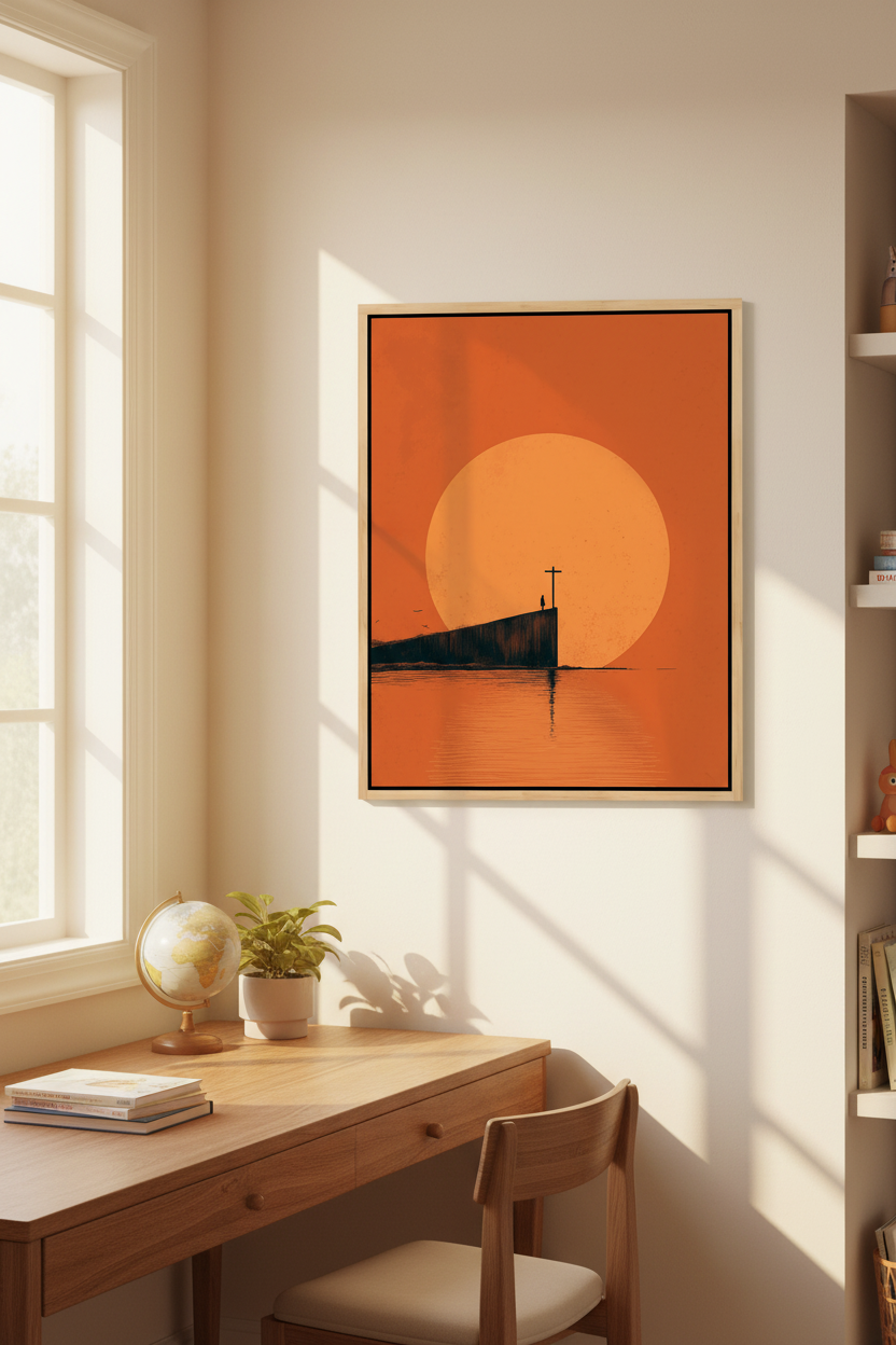 At the Edge of Faith – Minimalist Cross Sunset Christian Wall Art