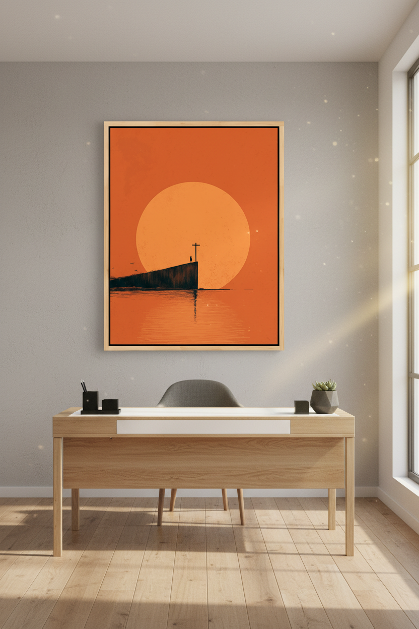 At the Edge of Faith – Minimalist Cross Sunset Christian Wall Art