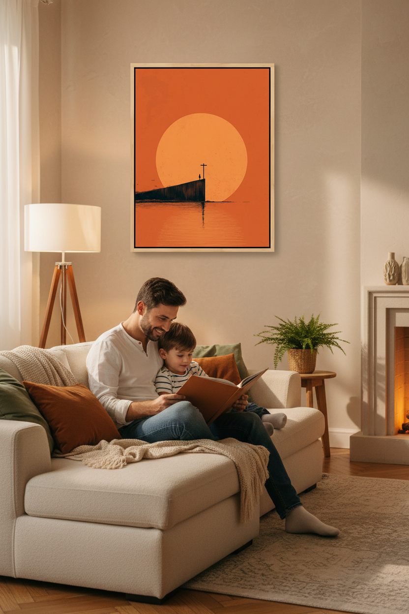 At the Edge of Faith – Minimalist Cross Sunset Christian Wall Art
