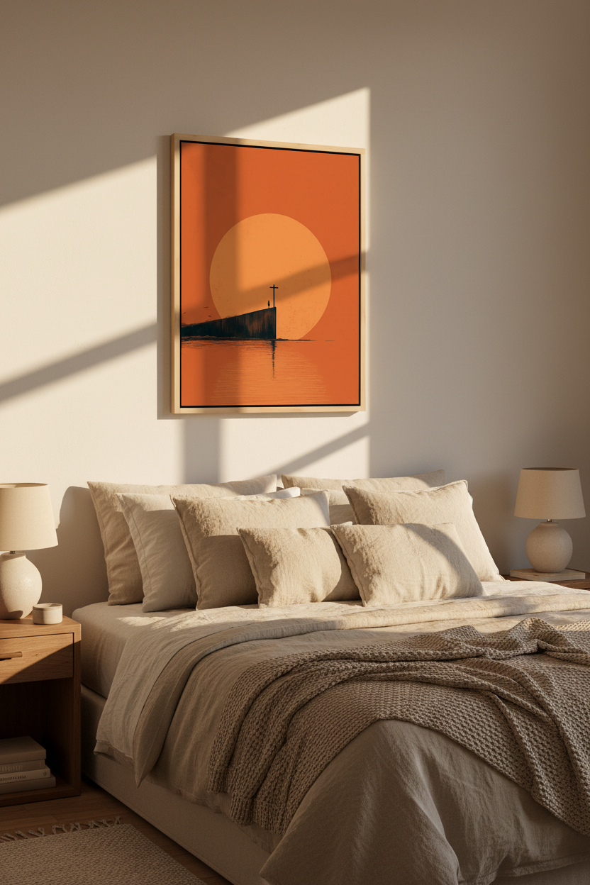 At the Edge of Faith – Minimalist Cross Sunset Christian Wall Art