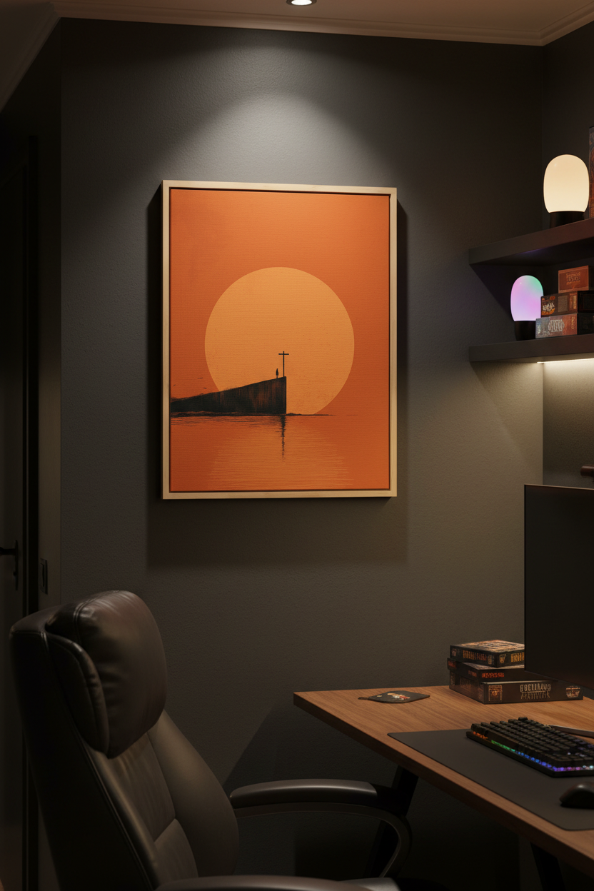 At the Edge of Faith – Minimalist Cross Sunset Christian Wall Art