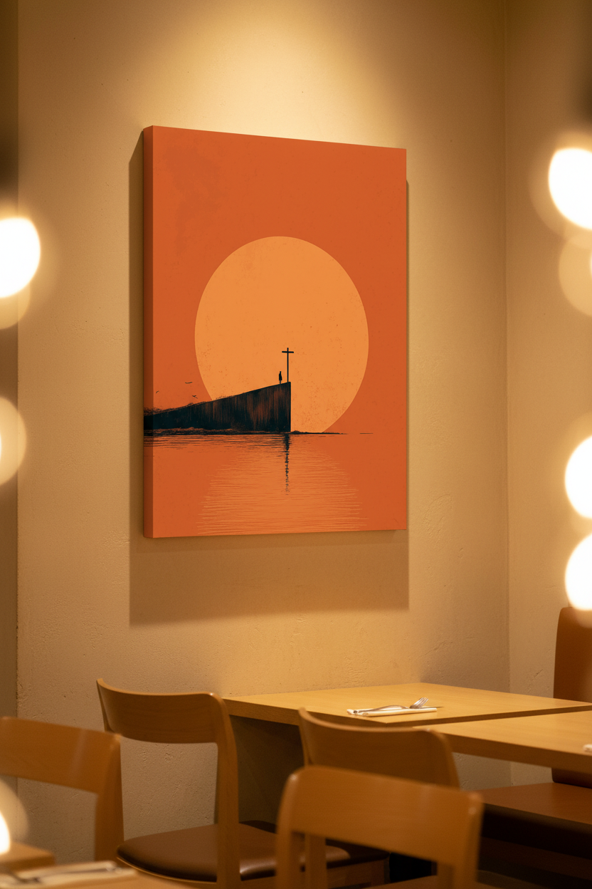 At the Edge of Faith – Minimalist Cross Sunset Christian Wall Art